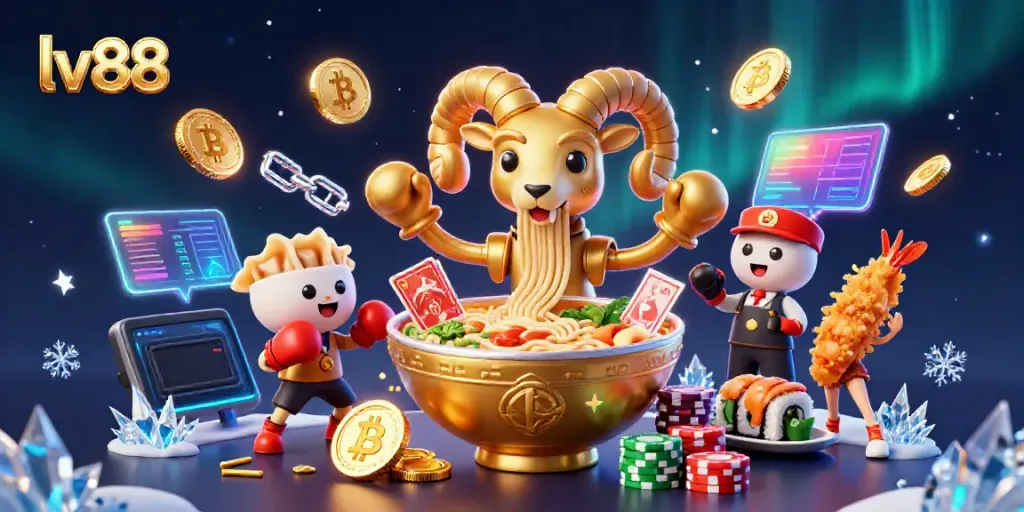 Experience the excitement of lv88 with a dynamic casino scene featuring a giant ramen bowl character and crypto elements.