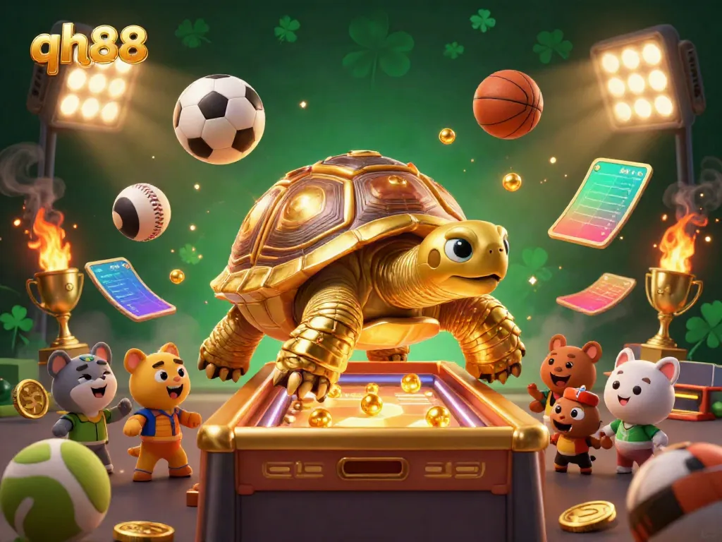 Experience immersive gameplay at qh88 with a lively scene showcasing a giant golden tortoise pinball machine and excited players.