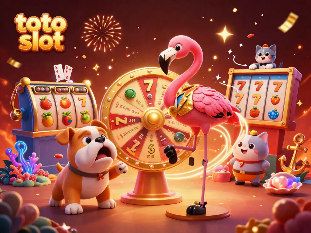 Experience the excitement of toto slot with a vibrant 3D illustration capturing a game show host, bulldog contestant, and scoreboard cat.