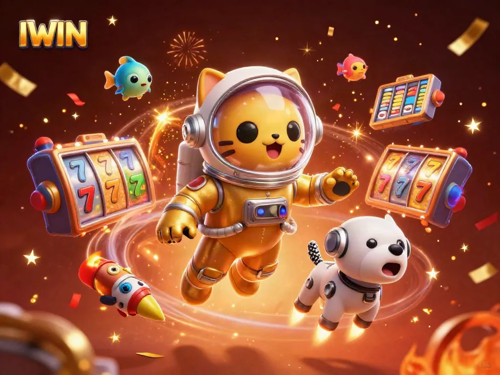 IWIN engages players in a vibrant casino scene, showcasing slot reels and celebratory elements.