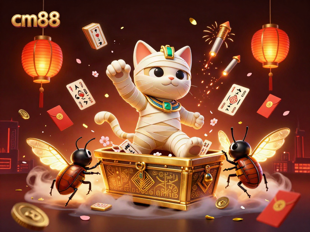 Engage with cm88’s vibrant casino scene featuring a mummy cat and glowing treasures.