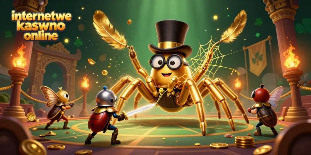 Experience thrilling gameplay at internetowe kasyno online with a giant tarantula and knight in an elaborate casino scene.