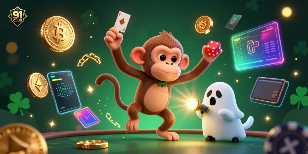 Engage with the vibrant 91 CLUB casino scene featuring playful characters and glowing crypto elements.