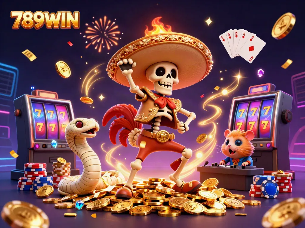 Experience the dynamic celebration of 789WIN with a mariachi rooster and vibrant casino elements.
