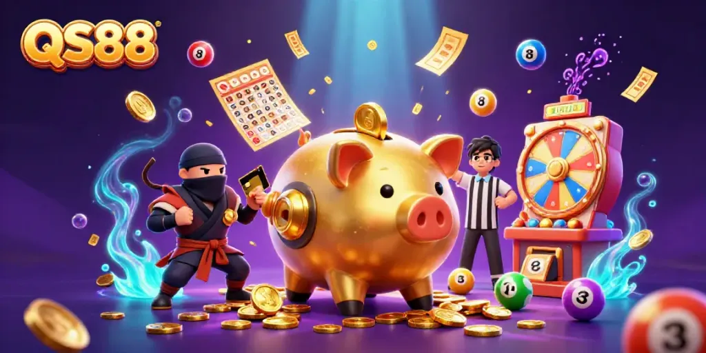 Engage with the vibrant QS88 casino experience, featuring dynamic characters and colorful lottery elements.