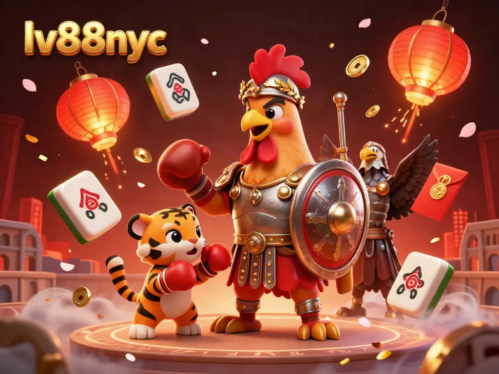 Engage in winning strategies at lv88nyc with this dynamic 3D gaming scene featuring a gladiator rooster and tiger cub.