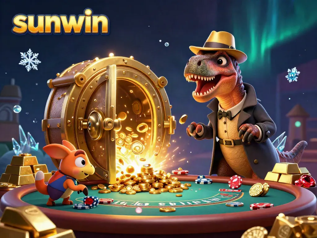 Experience thrilling casino action with Sunwin, featuring a cartoon velociraptor at a blackjack table.