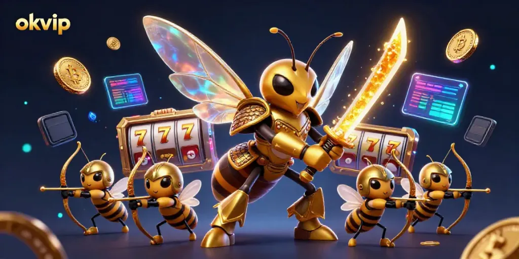Engage with okvip at a vibrant casino teeming with slot machines and golden hornets, symbolizing thrilling gameplay.