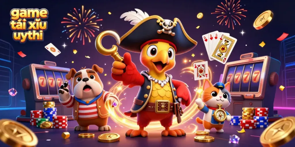 Experience thrilling moments with game tài xỉu uy tín as characters reveal winning strategies amidst sparkling casino elements.