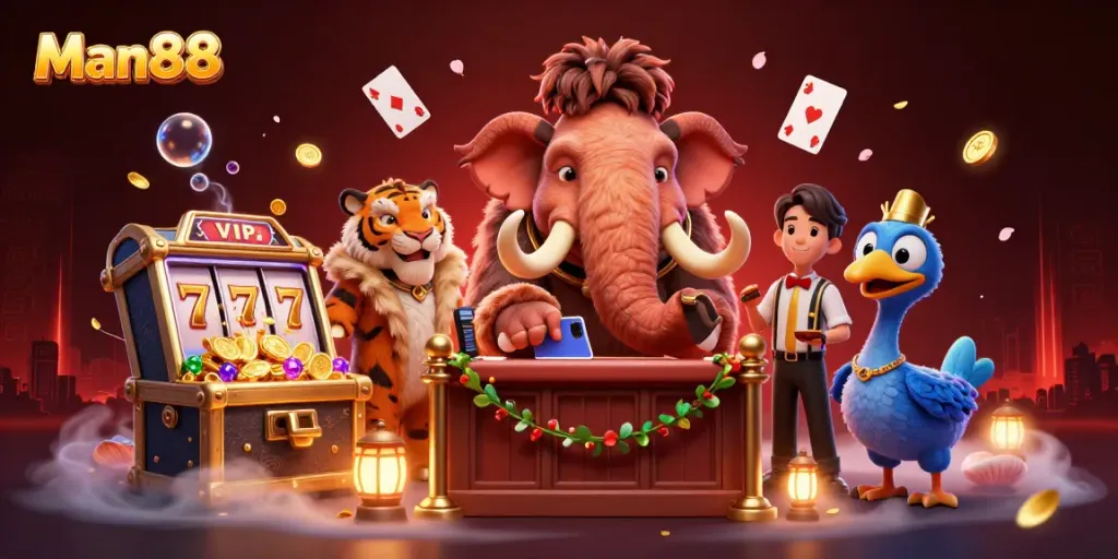 Experience thrilling gameplay at Man88 with a vibrant scene featuring top casino characters amidst rich treasure and game elements.