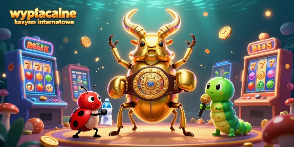A colorful scene depicting wypłacalne kasyno internetowe with a bright giant golden stag beetle boxer and slot machines.