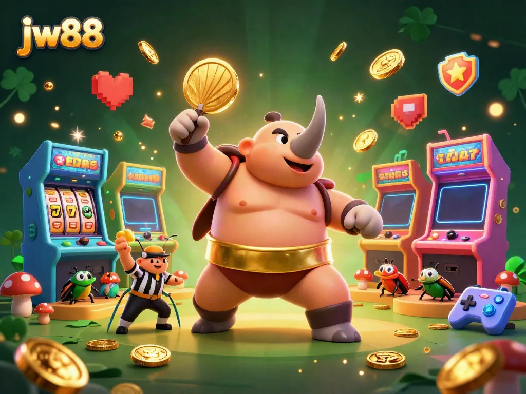 Experience the thrilling world of jw88 casino with a lively illustration depicting a sumo champion beetle amidst vibrant game elements and coins.