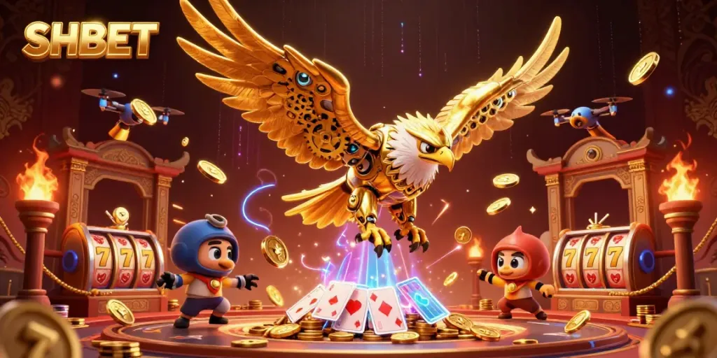 Experience thrilling gameplay with SHBET's cybernetic eagle and golden elements in a vibrant casino setting.
