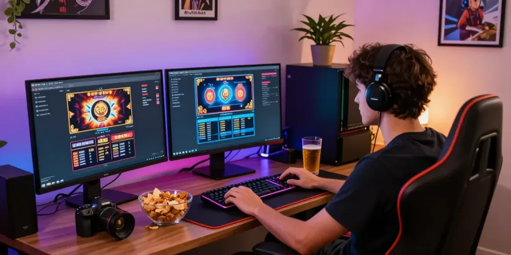 Player engaging with RTP slots in a cozy gaming room filled with screens and snacks.
