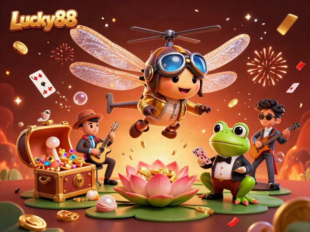 Experience the excitement of Lucky88 with vibrant 3D characters and casino elements in a lively scene.