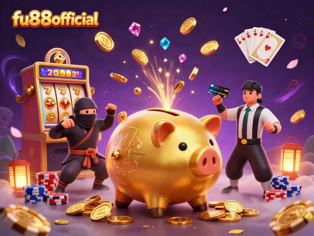 Experience gaming excitement with fu88offical's dynamic slot scene featuring vibrant characters and cascading coins.