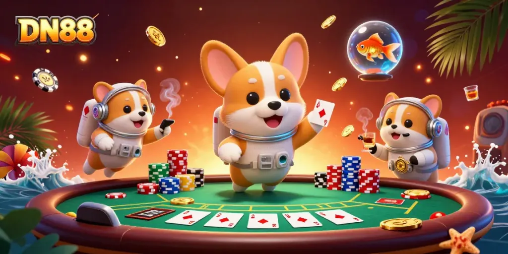 Experience the vibrant casino scene at DN88 with a 3D cartoon corgi floating among poker chips and coins.