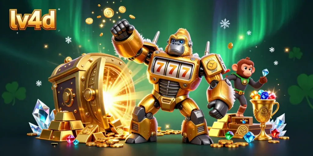Experience the excitement of lv4d with a dynamic golden gorilla mech and treasure explosion.