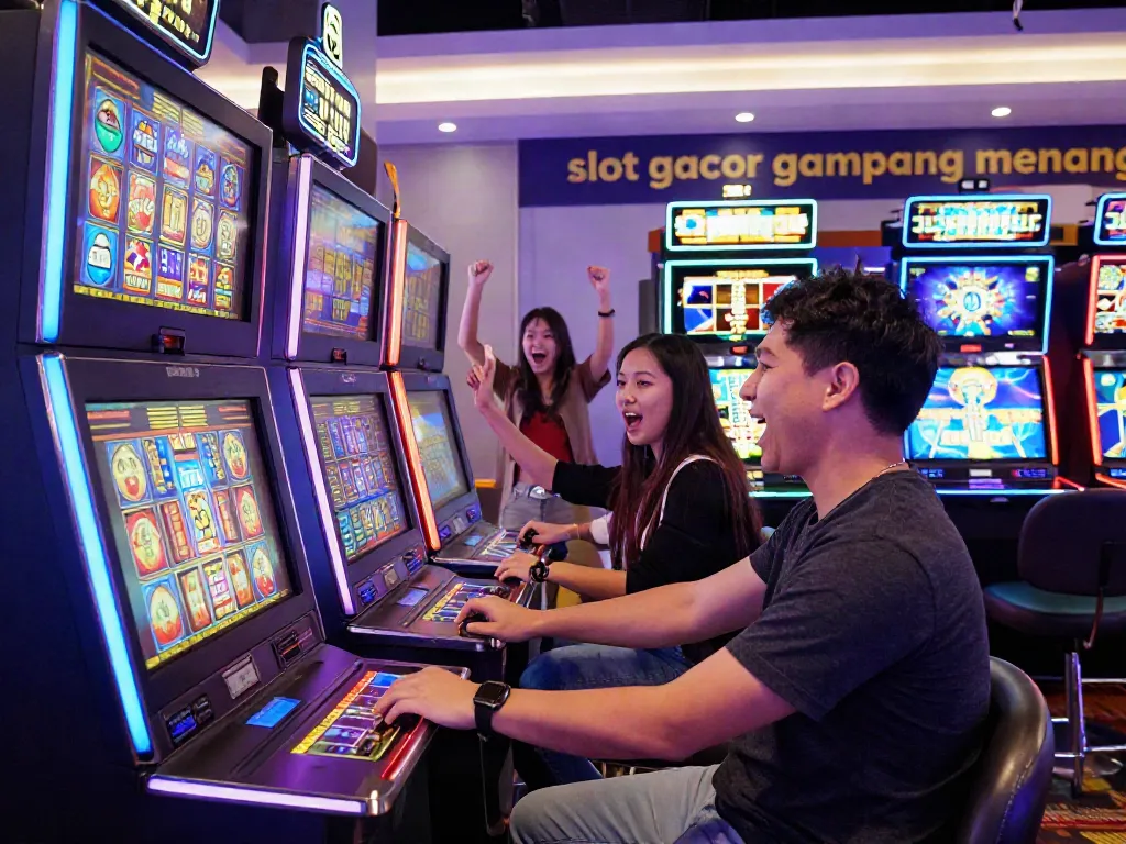Engaged player celebrating a win at a slot gacor gampang menang machine in a vibrant casino atmosphere.