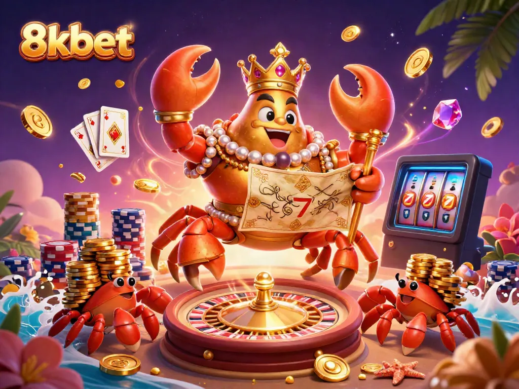 Join the 8xbet empire led by a golden crab holding treasures, spinning roulette, and vibrant casino action.