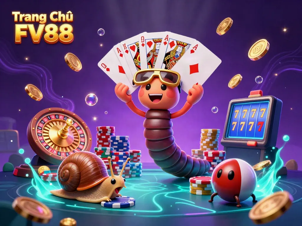 Experience thrilling gameplay at Trang Chủ FV88 with our vibrant casino scene featuring colorful cards and a lively dealer.