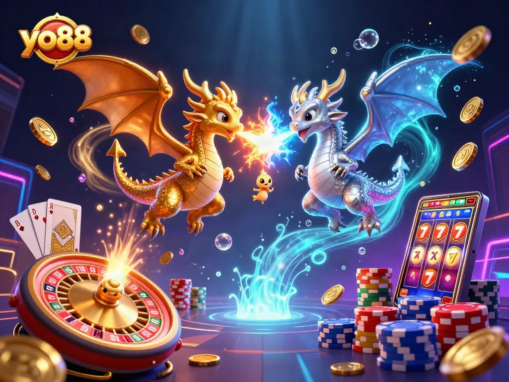 Engage with the excitement of yo88 as twin dragons battle in a vibrant casino-themed realm.