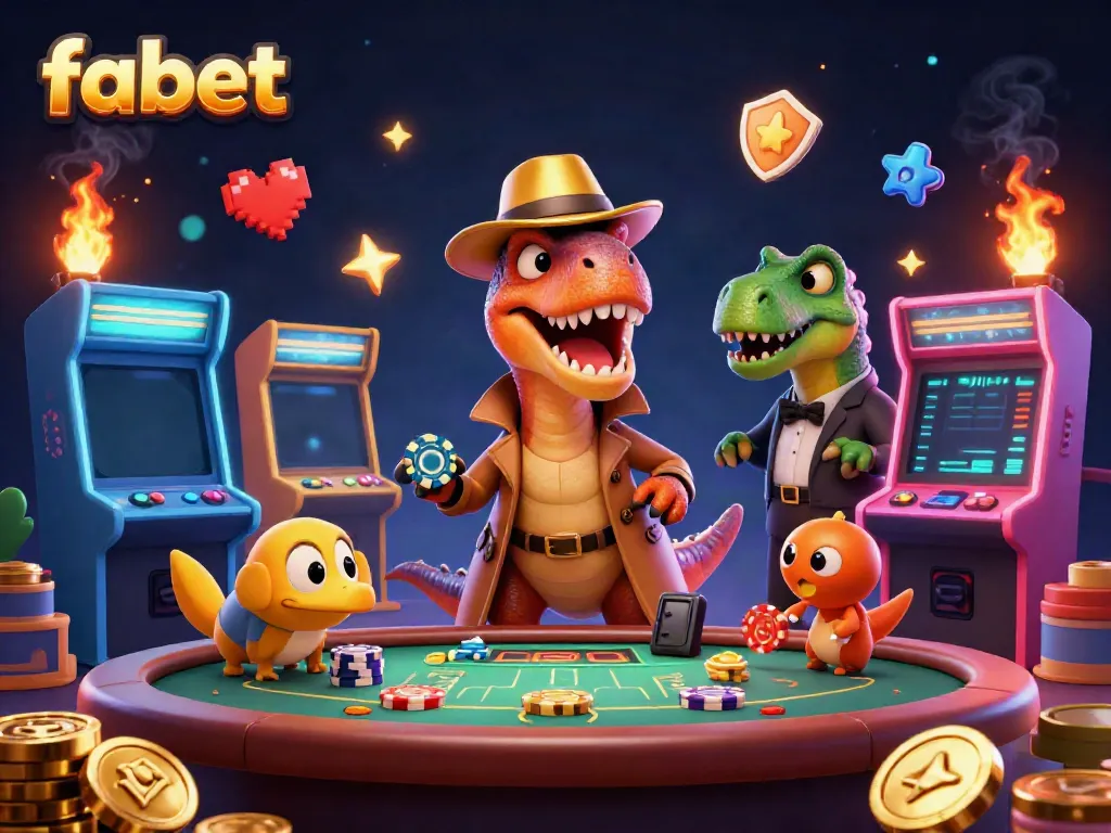 Join fabet in an exciting virtual casino scene with vibrant characters, arcade elements, and dazzling effects.