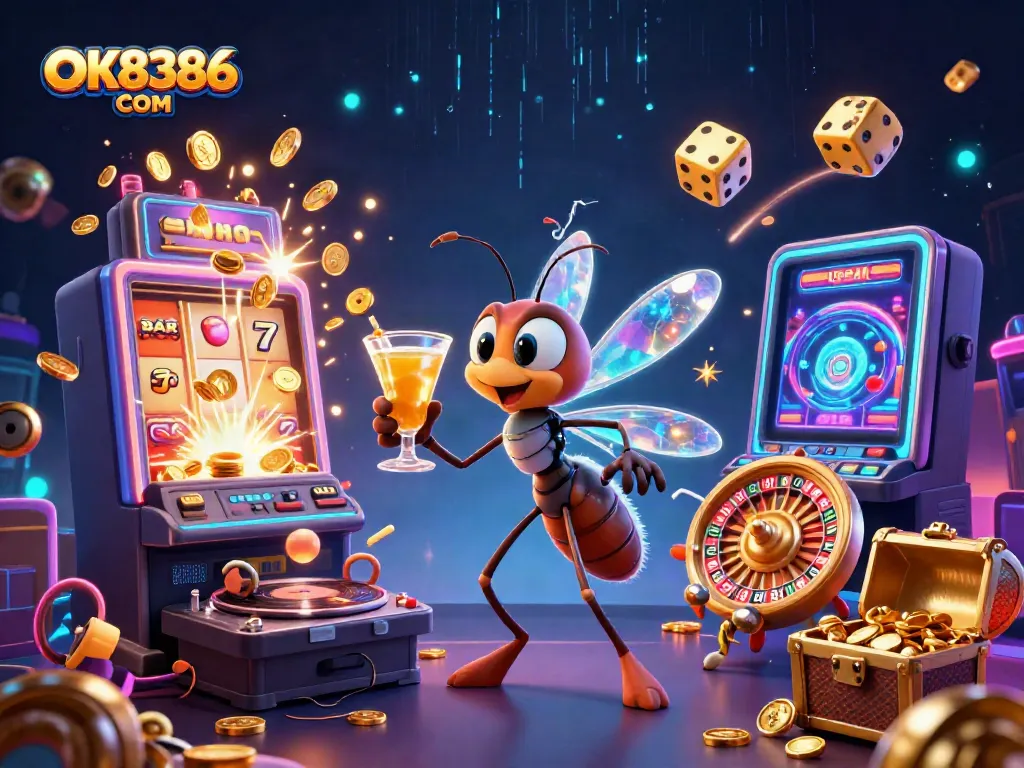 Join the excitement at OK8386 COM with a lively scene featuring a casino mascot and thrilling game elements.