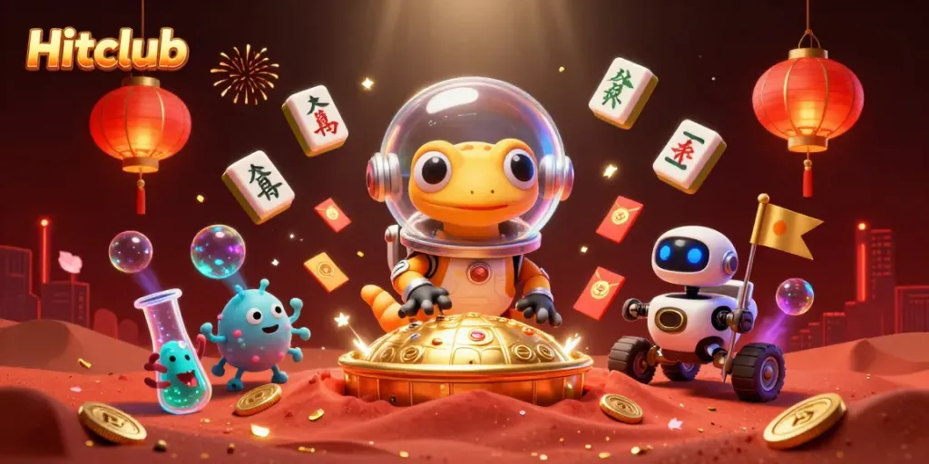 Experience the Hitclub excitement with a Martian gecko discovering a golden casino filled with lively gaming elements.
