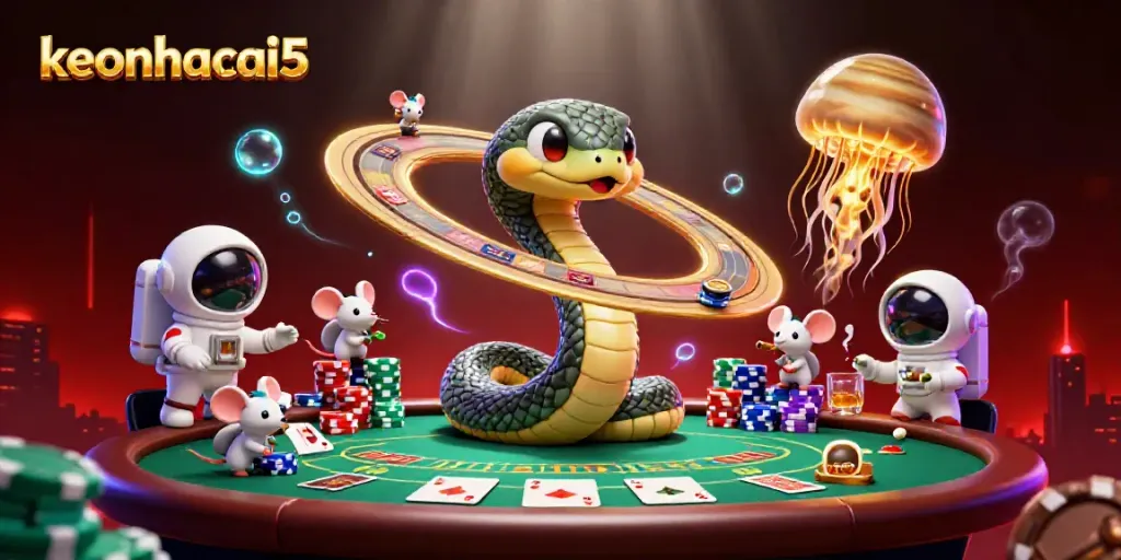 Engage with keonhacai5's thrilling gambling scene featuring astronaut mice betting on a galactic roulette wheel.