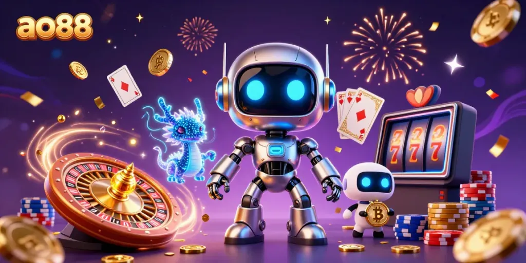 Experience thrilling gaming with ao88's vibrant 3D robot and dragon amidst drifting gold coins and poker chips.