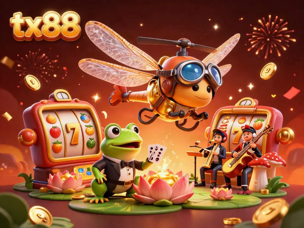 Experience thrilling jackpots with tx88 in this vibrant casino illustration featuring lively characters.