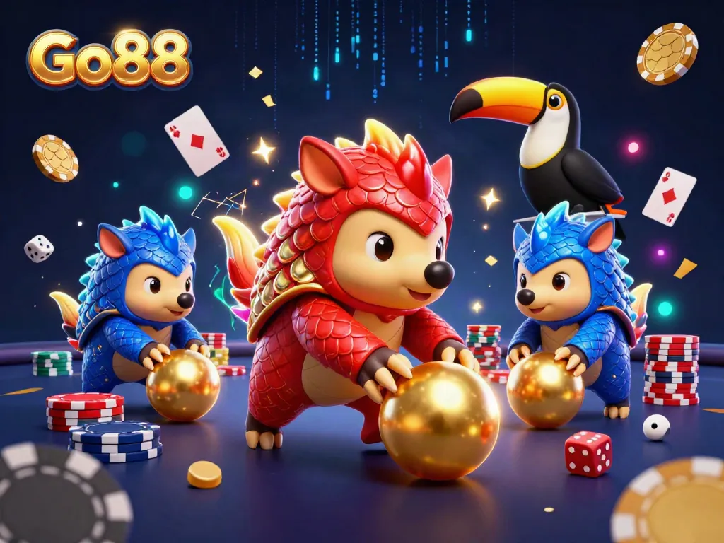 Engage with Go88 through lively pangolins playing poker amidst vibrant casino elements.