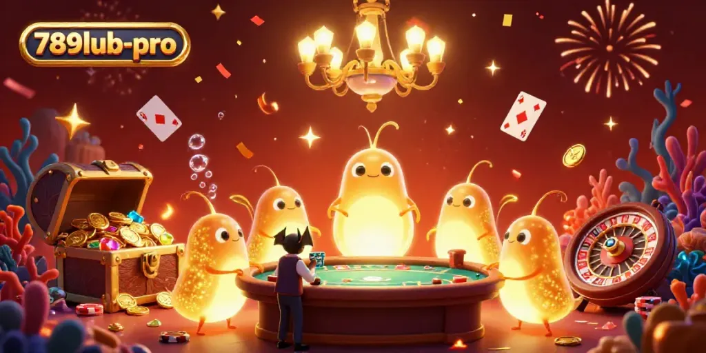 Experience the vibrant casino scene featuring glowworms and gambling elements with the 789lub-pro branding.