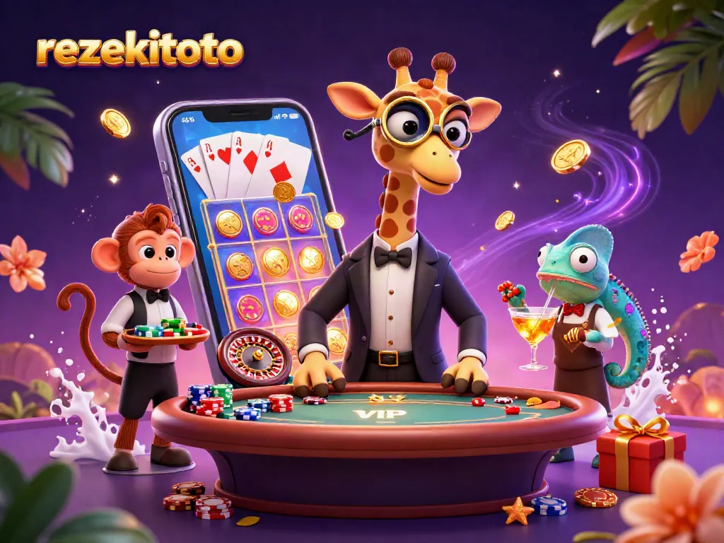 Engage with rezekitoto's vibrant scene featuring playful characters and exciting casino elements.