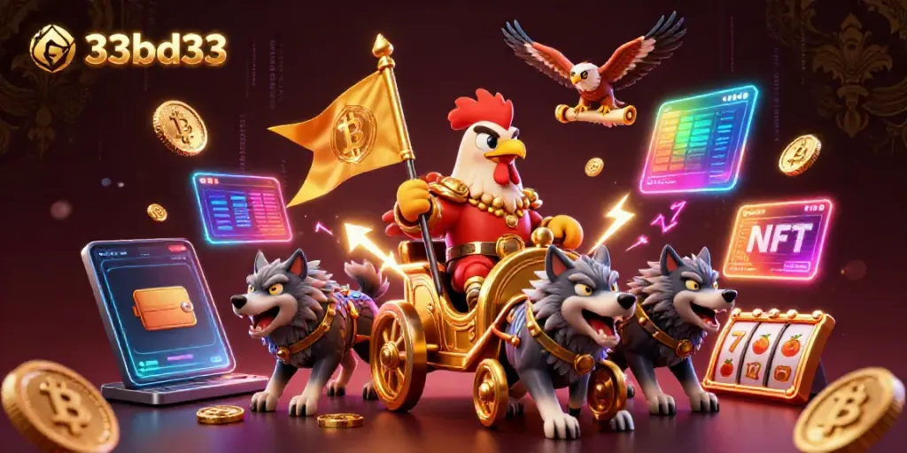 Spin and win with the explosive energy of 33bd33, featuring a 3D rooster warlord in a dynamic casino scene.