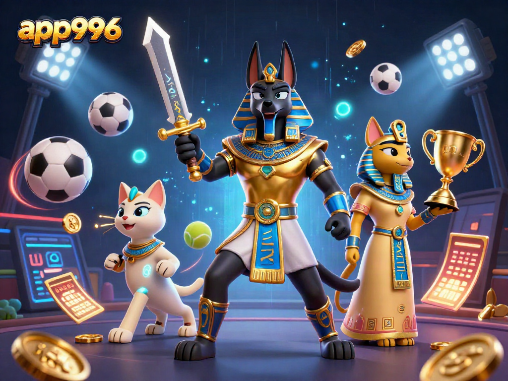 Experience sports betting thrills with app996 featuring Anubis and Bastet amid dynamic action.