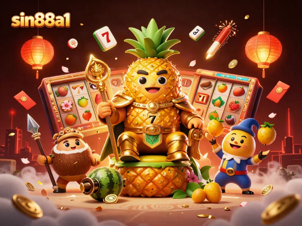 Win big with sin88a1 at the vibrant casino featuring golden fruits, fireworks, and luck-filled symbols.