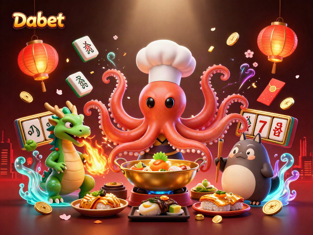 Dabet features cartoon characters in a vibrant casino scene engaging in exciting gameplay activities.
