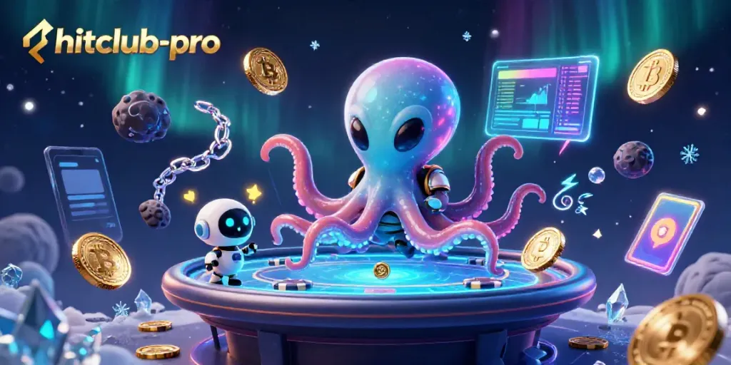 Experience gaming excitement with hitclub-pro led by a cartoon alien octopus at a vibrant poker table.