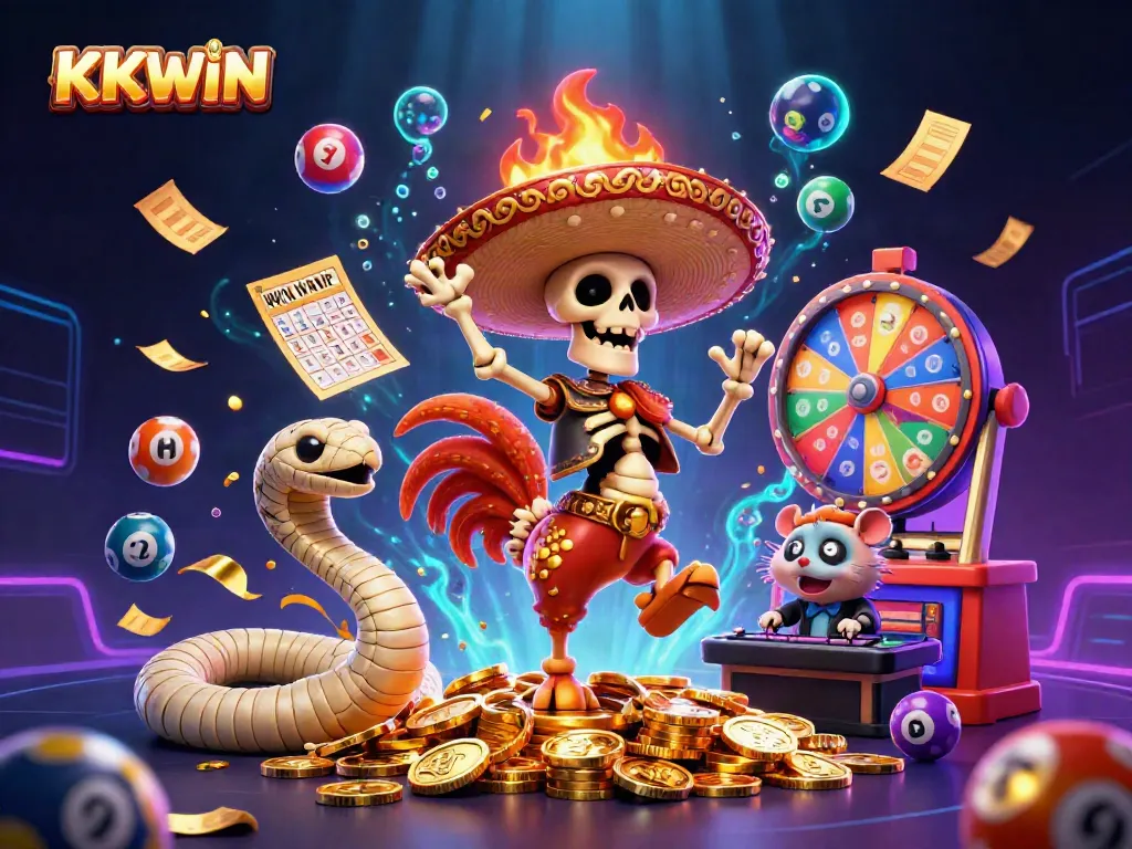 Experience the thrill of KKWIN with a dynamic cartoon scene featuring engaging characters amidst colorful gambling elements.