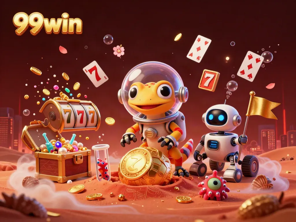 Experience 99win's thrilling casino adventure with a Martian gecko discovering treasures and excitement.