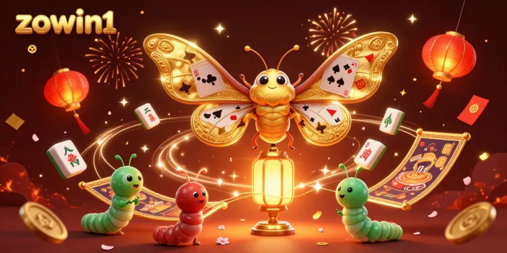 Experience the vibrant world of zowin1 with a golden-winged moth and festive casino elements.
