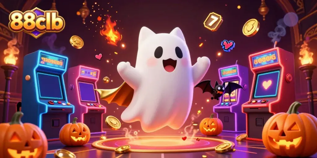 Experience 88clb's vibrant casino atmosphere with a friendly ghost cat and vampire bat.