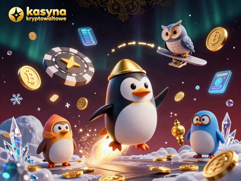 Experience kasyna kryptowalutowe with a golden penguin exploring a dynamic casino universe full of Bitcoin and Ethereum.