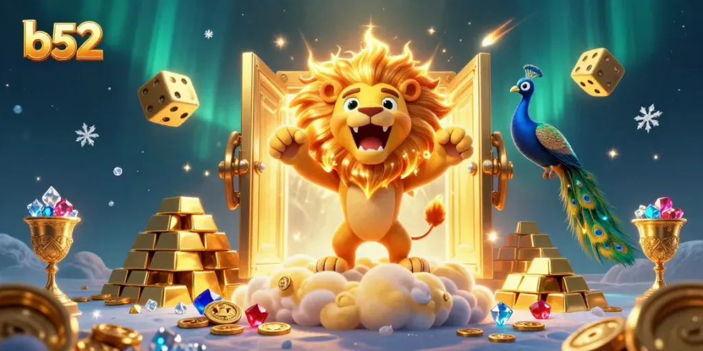 Experience the thrill of the b52 casino with the roaring sun lion, dazzling gems, and golden treasures.
