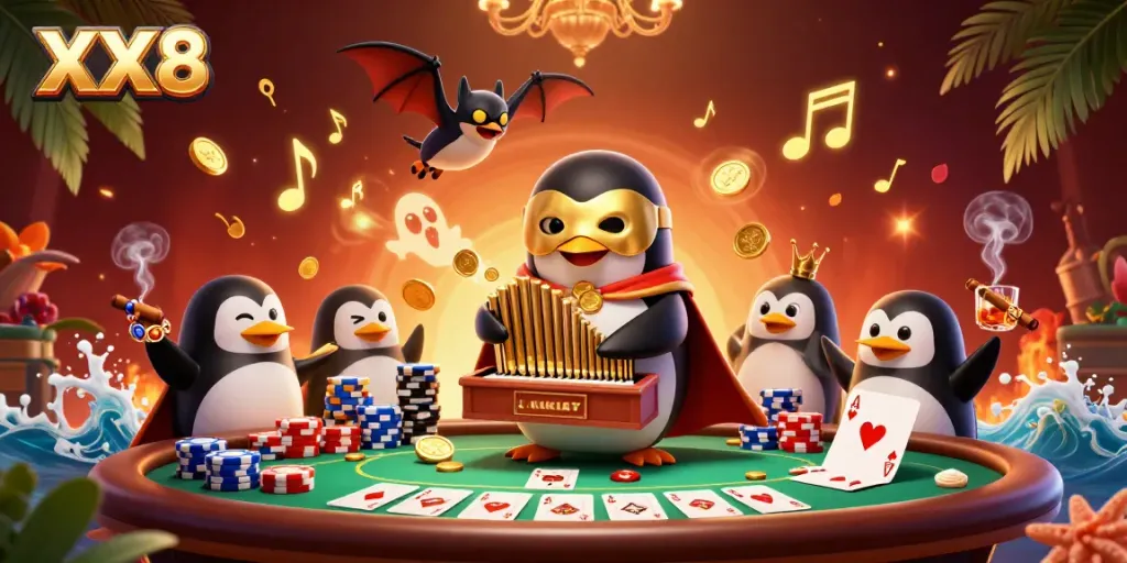 Experience thrilling moments with XX8 as a phantom penguin plays for gold in this vibrant casino scene.