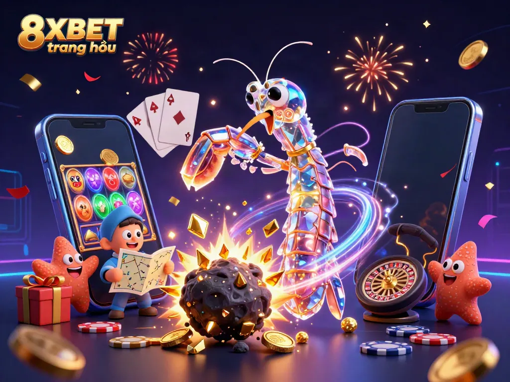 Engage in vibrant gaming action with 8XBET trang chủ, featuring a galactic samurai mantis shrimp amidst golden gems and candles.